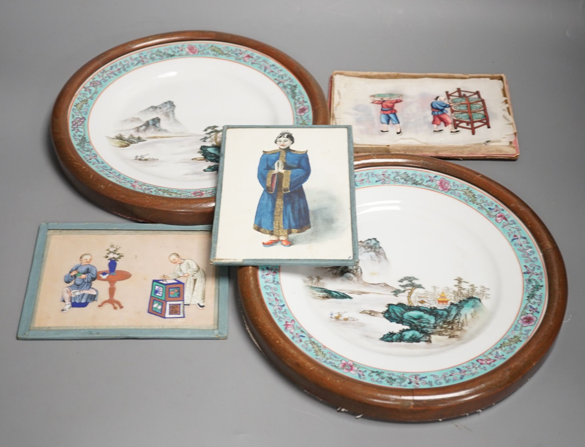 A group of Chinese pith paintings of court figures, production etc. and a pair of Chinese enamelled porcelain plates